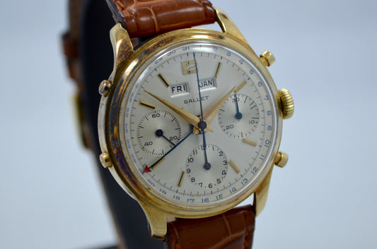 Vintage Gallet Solid 14K Yellow Gold Chronograph Triple Date Valjoux 72C Watch - Hashtag Watch Company