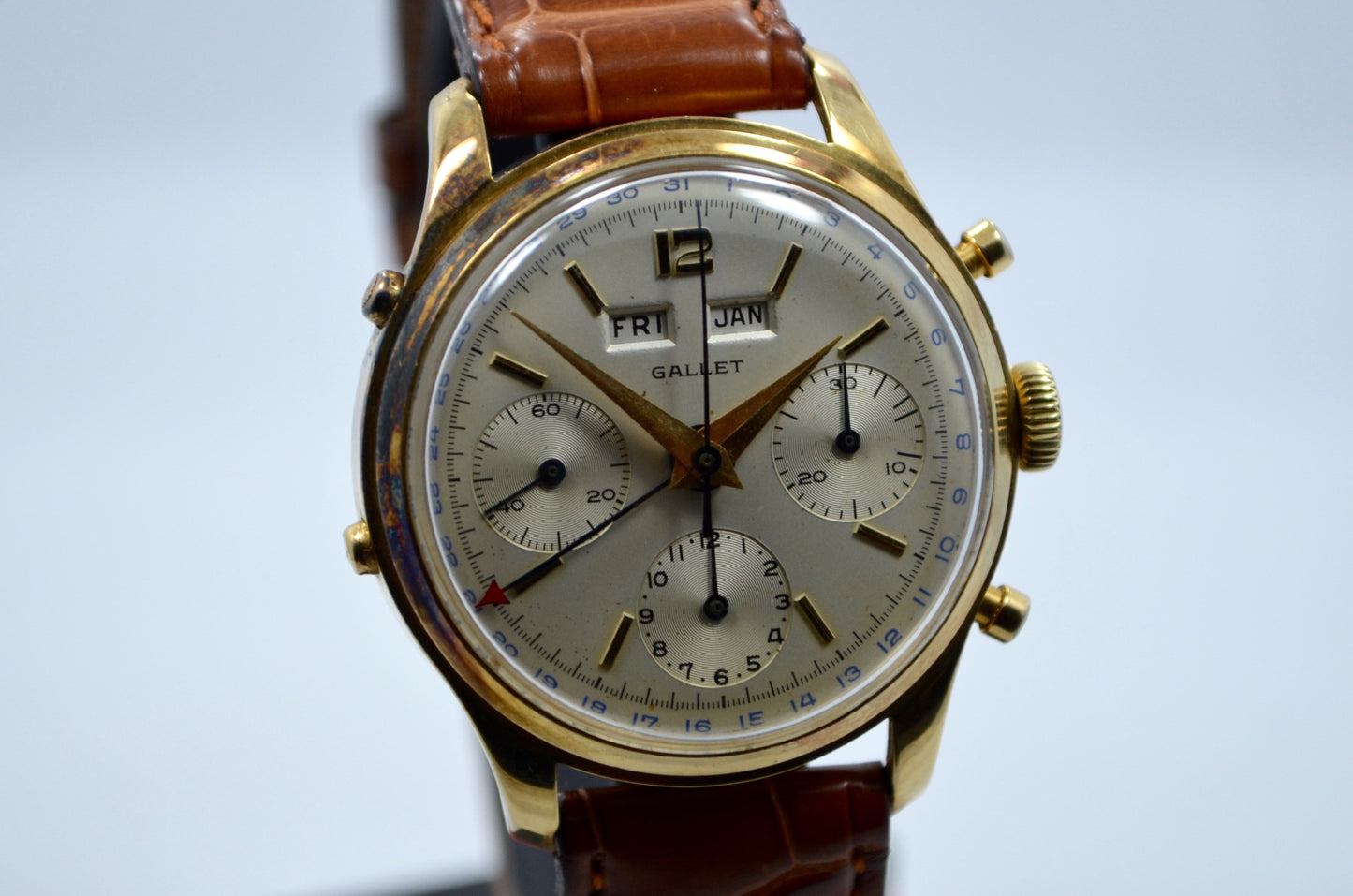 Vintage Gallet Solid 14K Yellow Gold Chronograph Triple Date Valjoux 72C Watch - Hashtag Watch Company