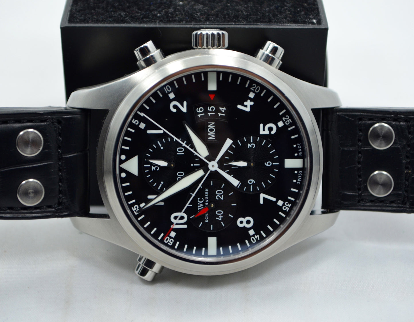 IWC Pilots Double Chronograph IW377801 Stainless Steel Black Dial 46mm Watch - Hashtag Watch Company