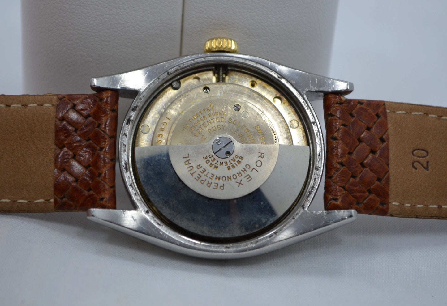 Vintage Rolex 6105 Oyster Perpetual 18K Gold Steel Red Date Automatic 1950 Watch - Hashtag Watch Company