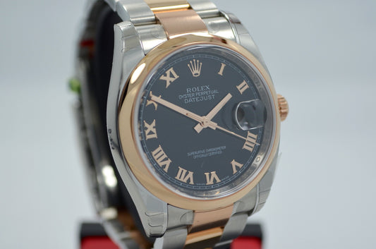 Rolex Datejust 116201 Two Tone Steel 18K Pink Gold Black Roman 36mm Automatic Watch - Hashtag Watch Company