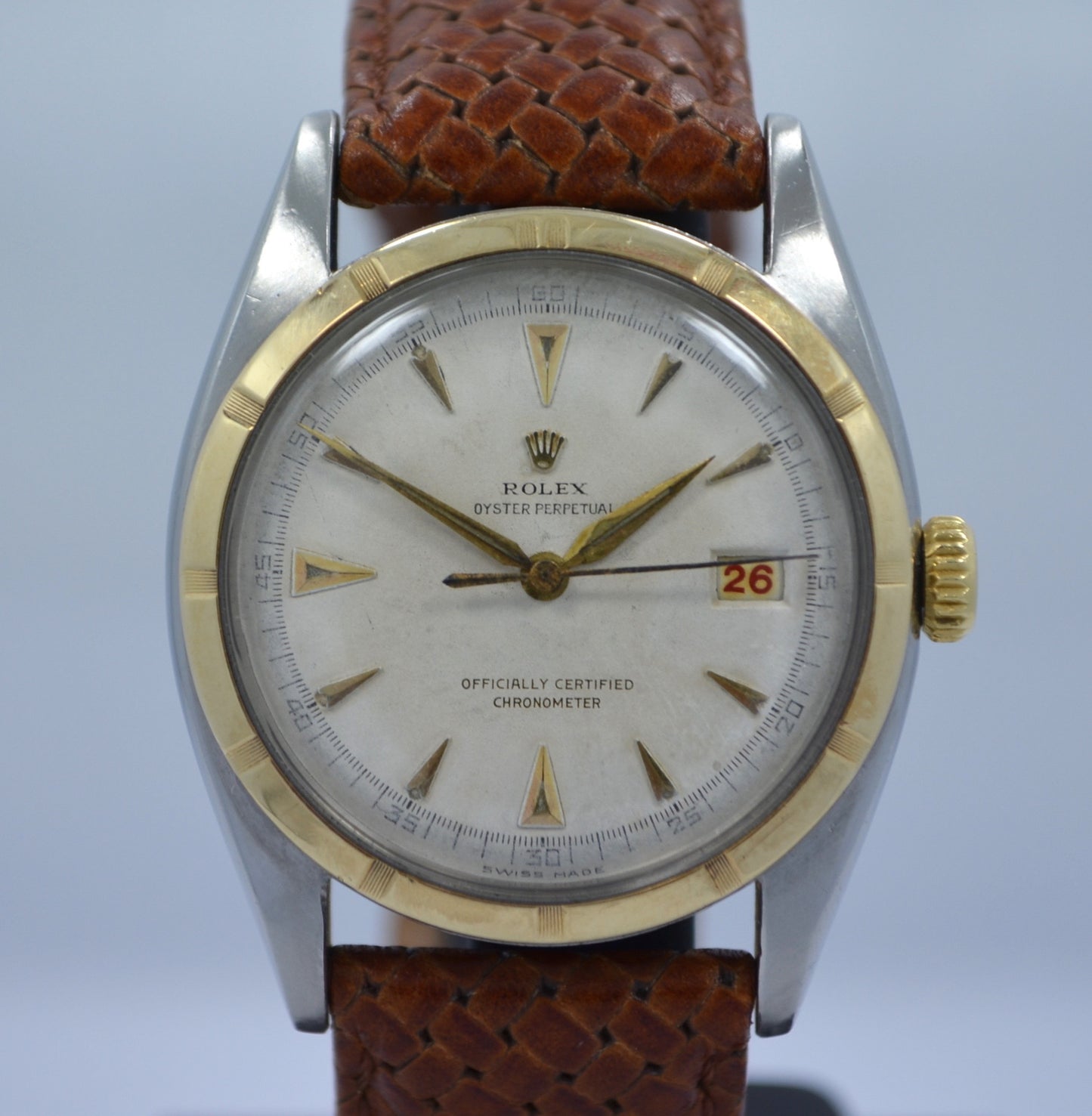 Vintage Rolex 6105 Oyster Perpetual 18K Gold Steel Red Date Automatic 1950 Watch - Hashtag Watch Company