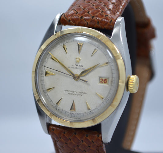 Vintage Rolex 6105 Oyster Perpetual 18K Gold Steel Red Date Automatic 1950 Watch - Hashtag Watch Company