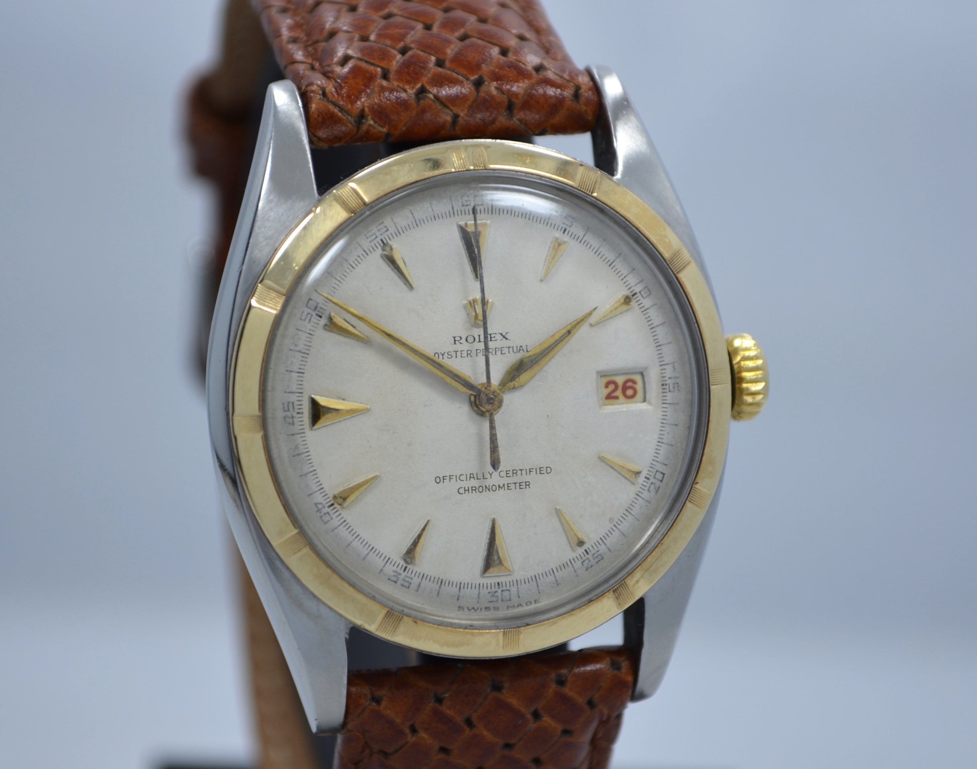Vintage Rolex 6105 Oyster Perpetual 18K Gold Steel Red Date Automatic 1950 Watch - Hashtag Watch Company