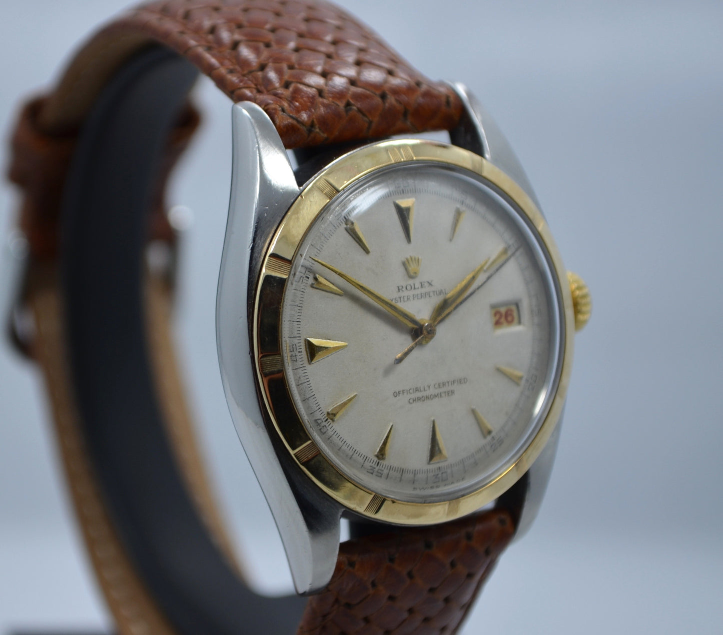 Vintage Rolex 6105 Oyster Perpetual 18K Gold Steel Red Date Automatic 1950 Watch - Hashtag Watch Company