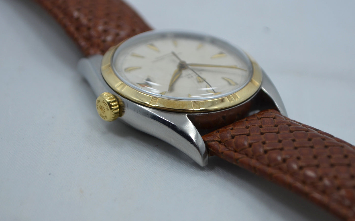 Vintage Rolex 6105 Oyster Perpetual 18K Gold Steel Red Date Automatic 1950 Watch - Hashtag Watch Company