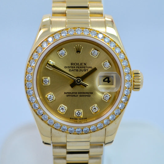 Rolex Ladies President 179138 Datejust 18K Yellow Gold Diamond "K" Serial Champagne Box Papers - Hashtag Watch Company