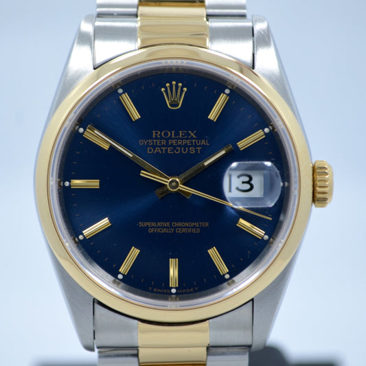 Rolex Datejust 16203 Two Tone Stainless Steel 18K Yellow Gold "S" Serial Circa 1993 Blue Wristwatch - Hashtag Watch Company