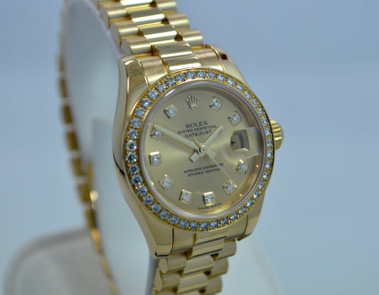 Rolex Ladies President 179138 Datejust 18K Yellow Gold Diamond "K" Serial Champagne Box Papers - Hashtag Watch Company