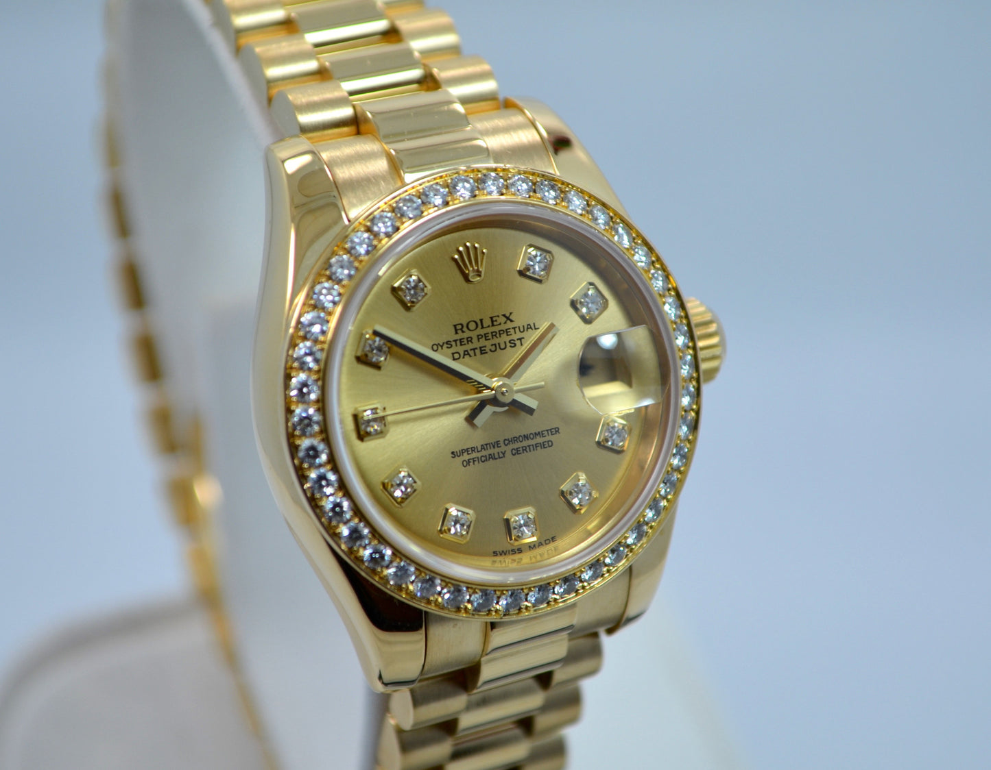 Rolex Ladies President 179138 Datejust 18K Yellow Gold Diamond "K" Serial Champagne Box Papers - Hashtag Watch Company