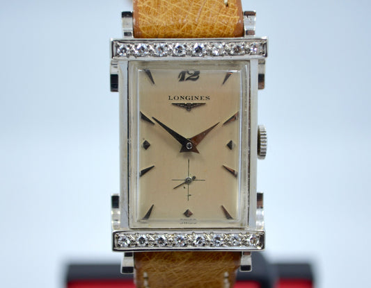 Vintage Longines Top Hat 14K White Gold Diamond Bezel 1940's Ladies Manual Watch - Hashtag Watch Company
