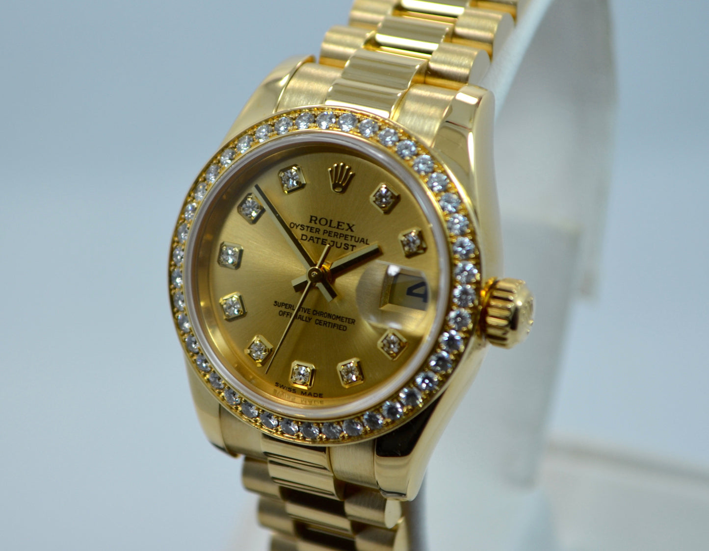 Rolex Ladies President 179138 Datejust 18K Yellow Gold Diamond "K" Serial Champagne Box Papers - Hashtag Watch Company