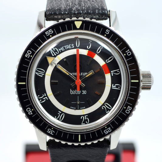 Vintage Favre Leuba Bathy 50 Steel 53243 Black Depth Gauge Divers Wristwatch MINT! - Hashtag Watch Company
