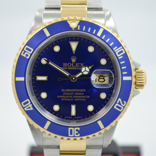 Rolex Submariner 16613 T Blue Two Tone 18K Gold Steel "F" Serial Wristwatch Box Papers - Hashtag Watch Company