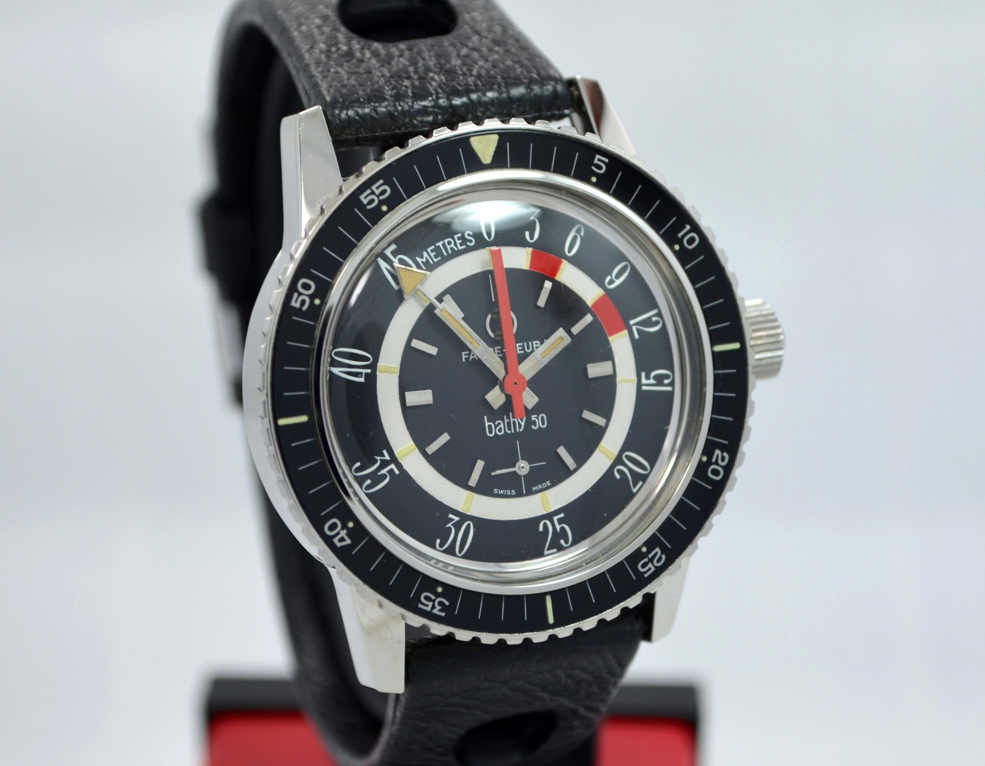 Vintage Favre Leuba Bathy 50 Steel 53243 Black Depth Gauge Divers Wristwatch MINT! - Hashtag Watch Company