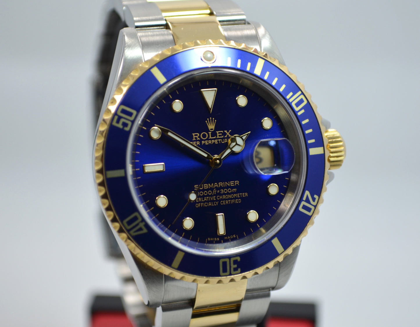 Rolex Submariner 16613 T Blue Two Tone 18K Gold Steel "F" Serial Wristwatch Box Papers - Hashtag Watch Company