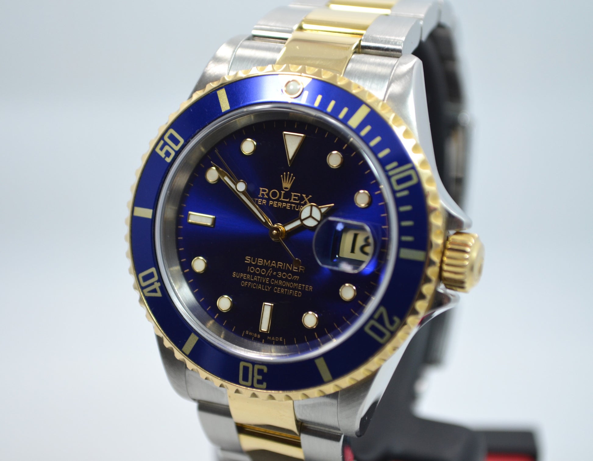 Rolex Submariner 16613 T Blue Two Tone 18K Gold Steel "F" Serial Wristwatch Box Papers - Hashtag Watch Company