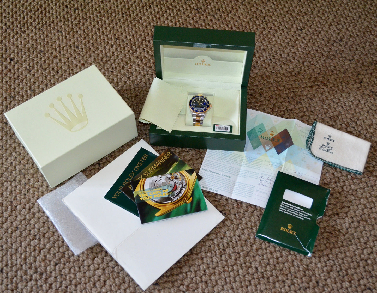 Rolex Submariner 16613 T Blue Two Tone 18K Gold Steel "F" Serial Wristwatch Box Papers - Hashtag Watch Company