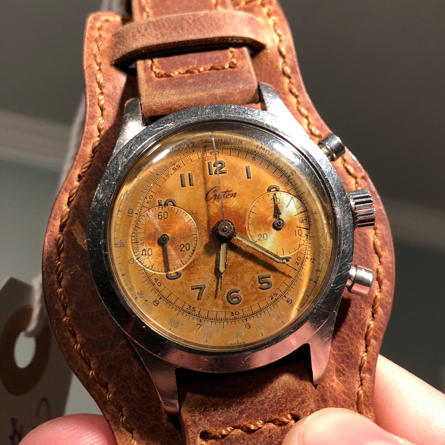 Vintage Croton Clamshell Steel Chronograph Sunburst Patina Manual Wristwatch - Hashtag Watch Company