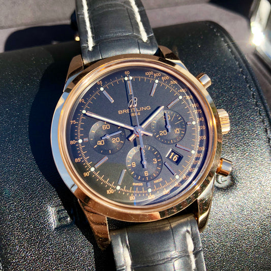 Breitling Transocean RB015212 18K Rose Gold Chronograph Black Dial Wristwatch Box Papers - Hashtag Watch Company