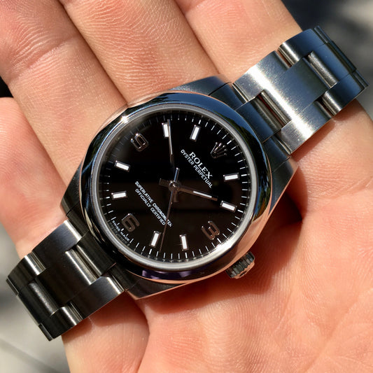 Rolex Oyster Perpetual 177200 Black Arabic Numerals Stainless Steel Ladies Wristwatch Box & Papers - Hashtag Watch Company