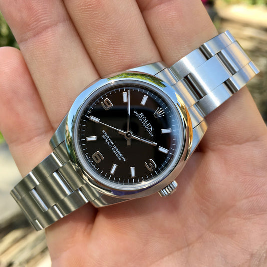 Rolex Oyster Perpetual 177200 Black Arabic Numerals Stainless Steel Ladies Wristwatch Box & Papers - Hashtag Watch Company