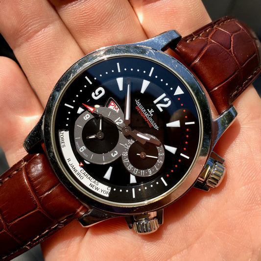 Jaeger LeCoultre Master Compressor Geographic 146.8.83 GMT Steel Leather Automatic Wristwatch - Hashtag Watch Company