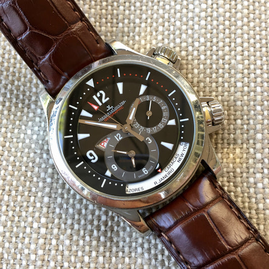 Jaeger LeCoultre Master Compressor Geographic 146.8.83 GMT Steel Leather Automatic Wristwatch - Hashtag Watch Company