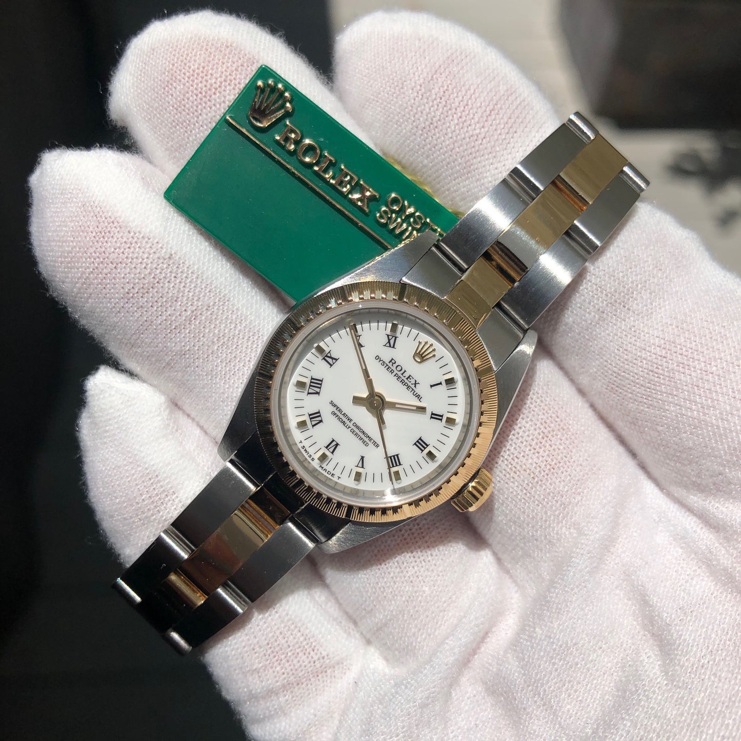1999 Rolex Oyster Perpetual 76243 Ladies White Roman Two Tone Steel Gold Wristwatch Box Papers - Hashtag Watch Company