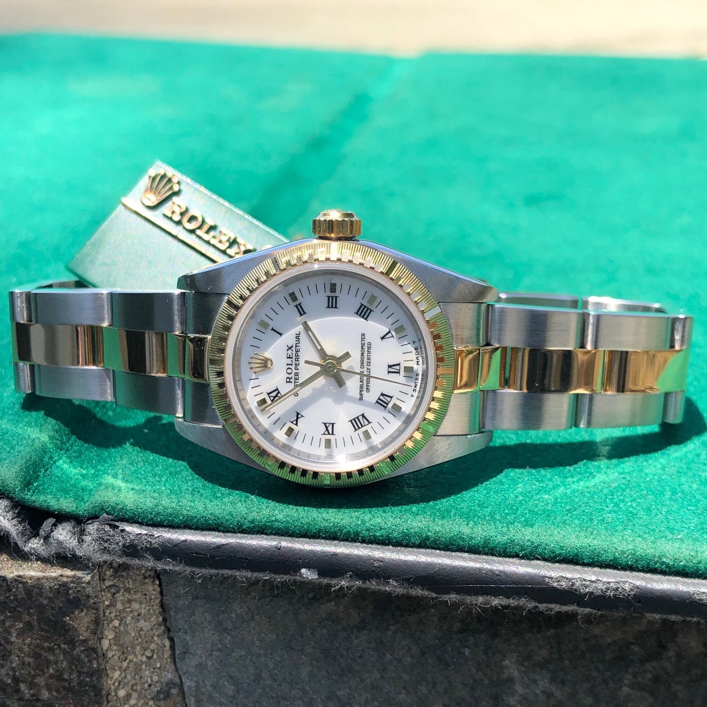 1999 Rolex Oyster Perpetual 76243 Ladies White Roman Two Tone Steel Gold Wristwatch Box Papers - Hashtag Watch Company