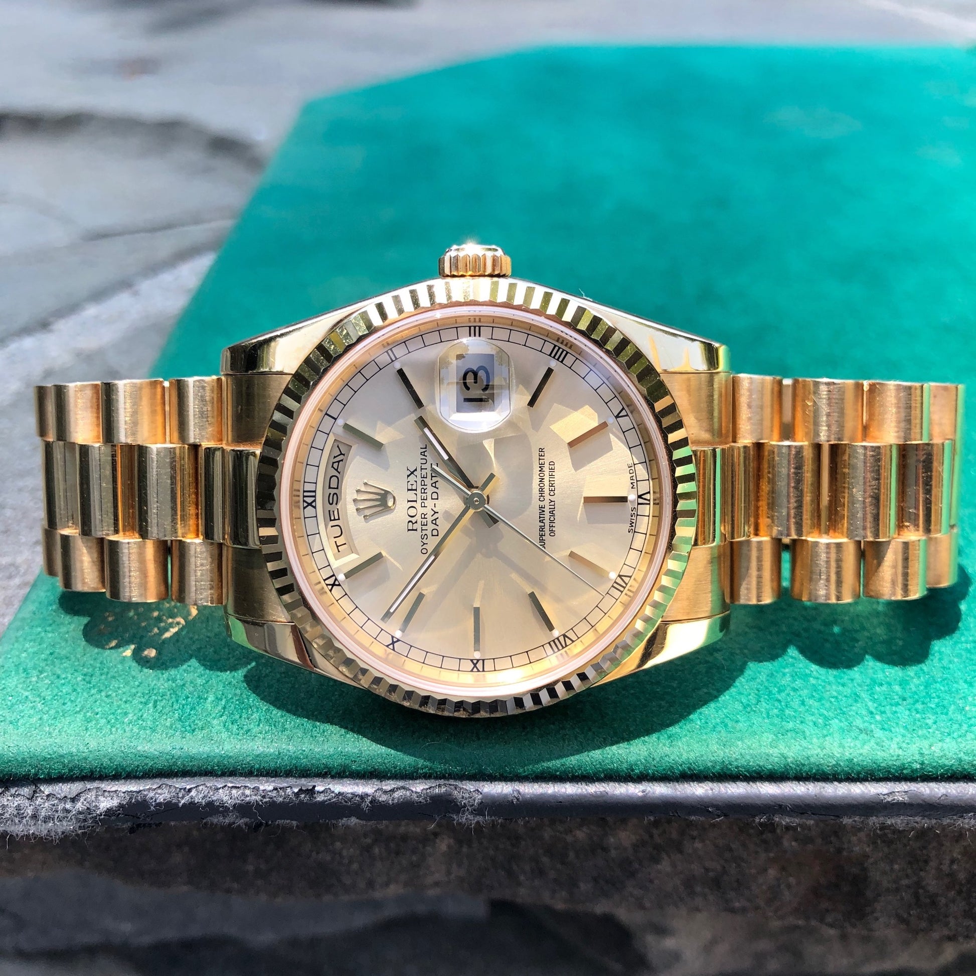 Rolex President 118238 Day Date 18K Yellow Gold Silver Stick Wristwatch Unpolished Box Papers - Hashtag Watch Company