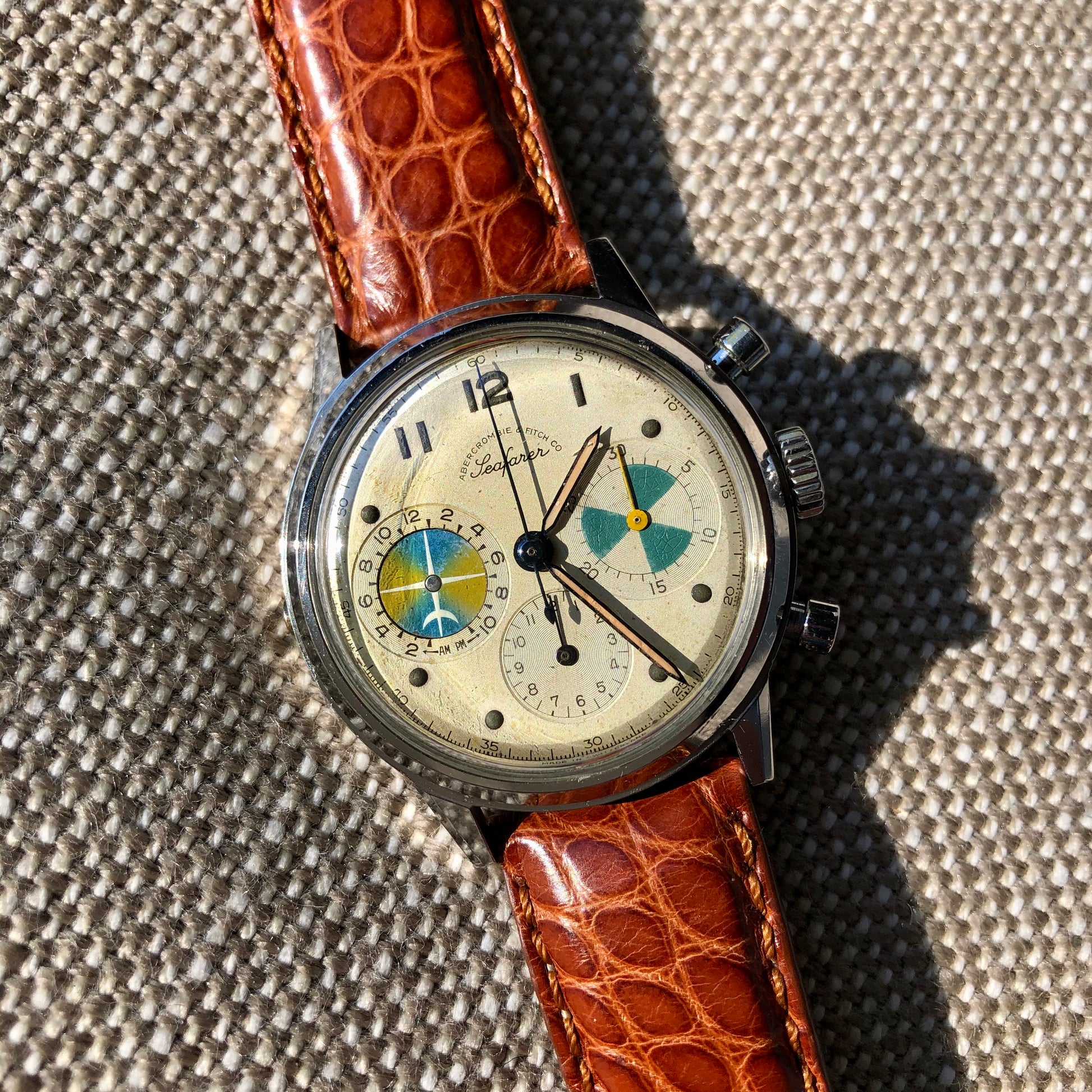 Vintage Abercrombie & Fitch Co. Seafarer 2443 First Execution Heuer Chronograph Valjoux 72 Manual Steel Wristwatch - Hashtag Watch Company
