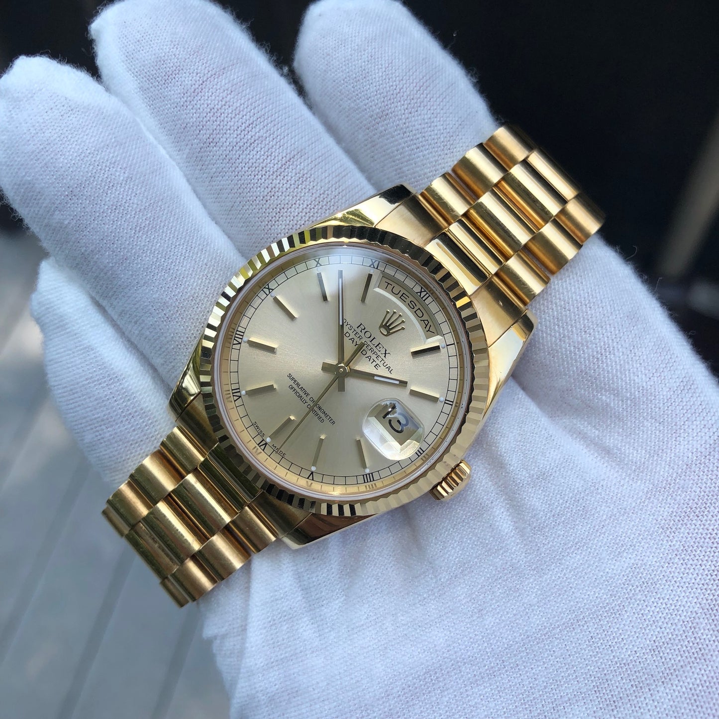 Rolex President 118238 Day Date 18K Yellow Gold Silver Stick Wristwatch Unpolished Box Papers - Hashtag Watch Company