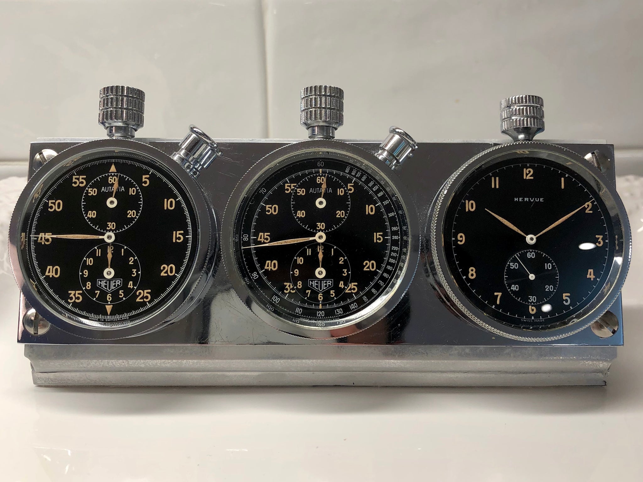 Heuer Rally Timer Autavia Dash Triple Set Timer Hervue Steel Chronogra ...