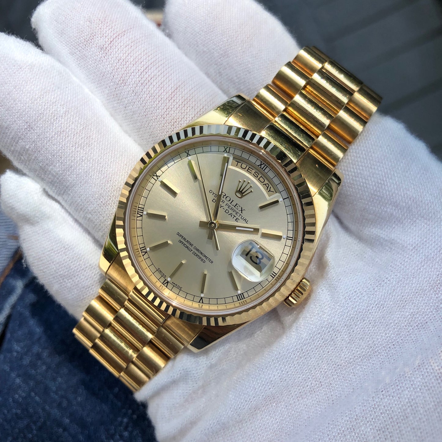 Rolex President 118238 Day Date 18K Yellow Gold Silver Stick Wristwatch Unpolished Box Papers - Hashtag Watch Company