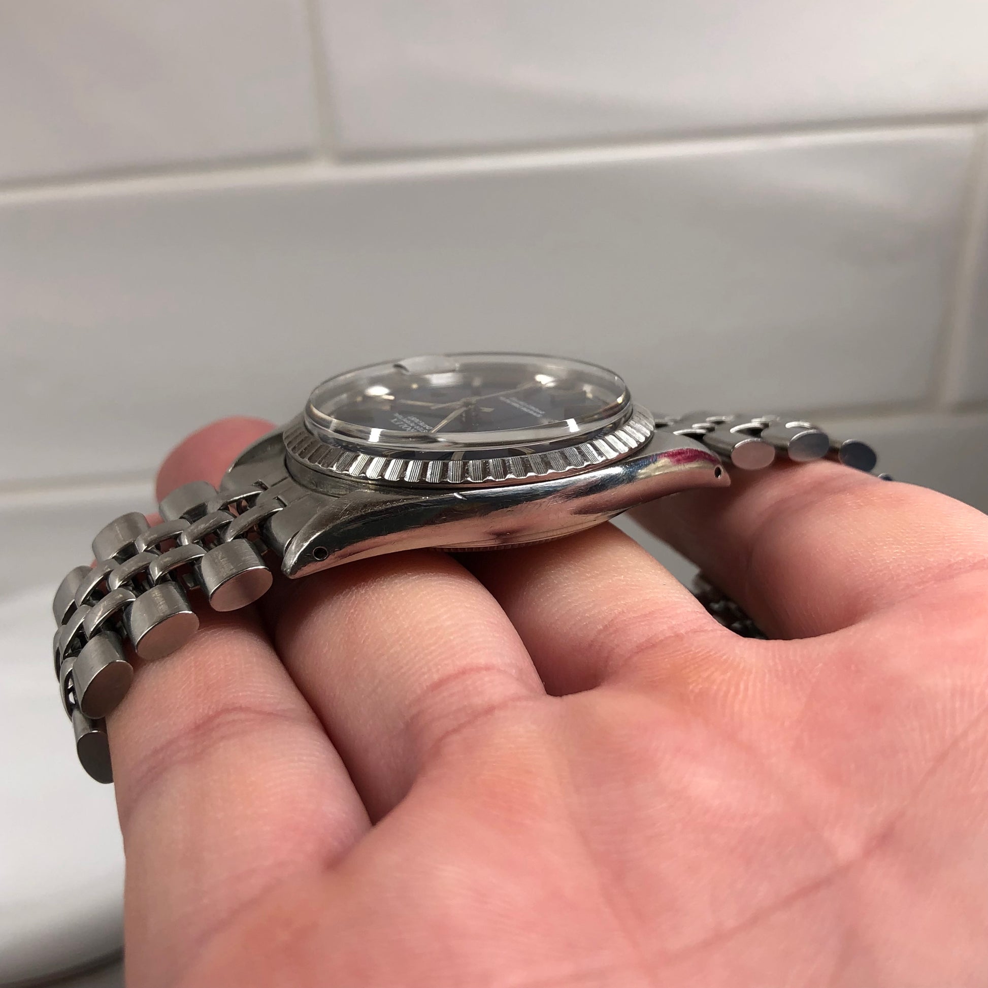 1977 Rolex Datejust 1603 Steel Engine Turned Jubilee Blue