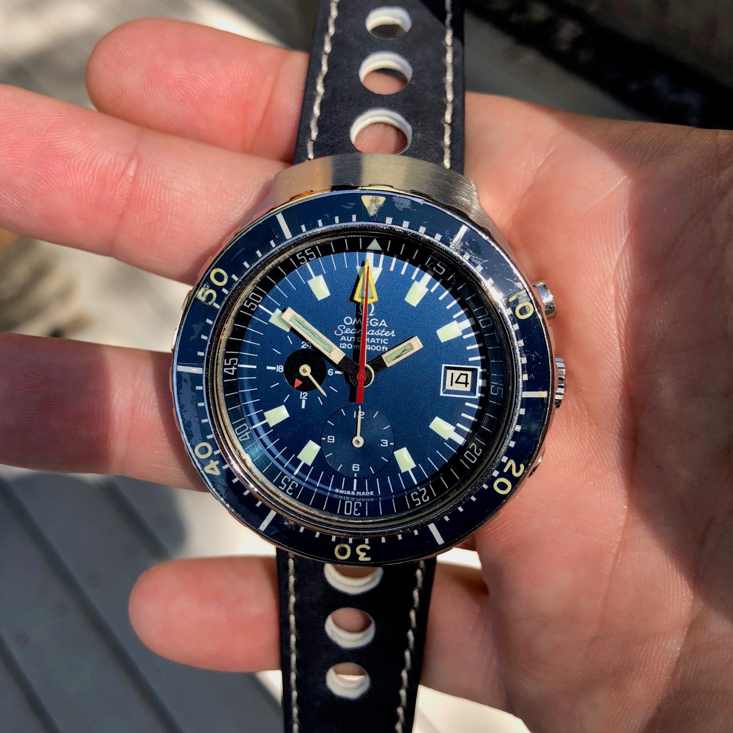 Vintage Omega Seamaster 120 Big Blue 176.004 Chronograph Automatic Wristwatch - Hashtag Watch Company