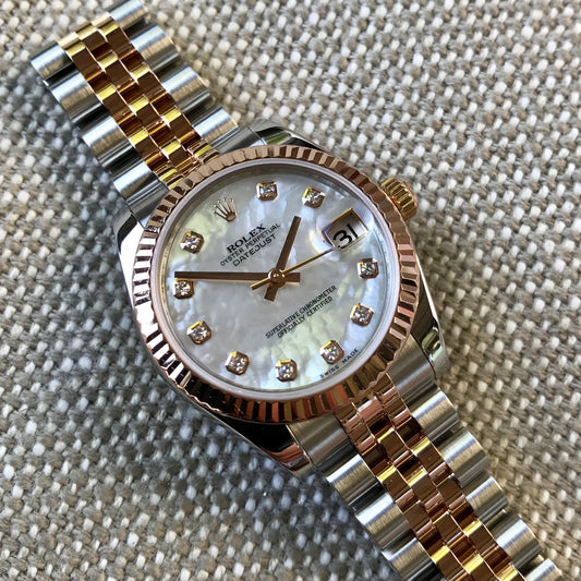 Rolex Datejust 178271 MOP Diamond Dial Midsize Steel Rose Gold Wristwatch Box Papers - Hashtag Watch Company
