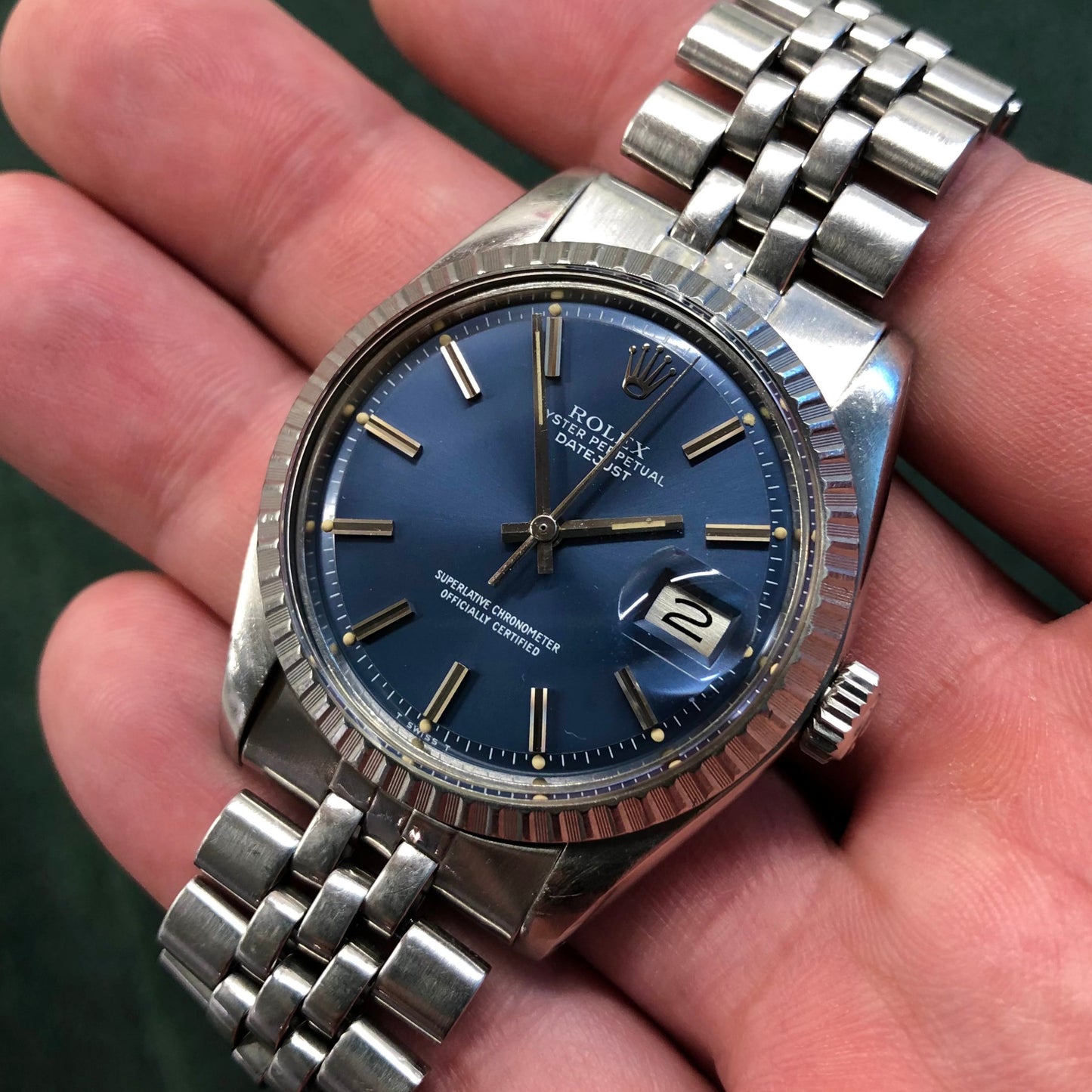 1977 Rolex Datejust 1603 Steel Engine Turned Jubilee Blue Dial Wristwatch - Hashtag Watch Company