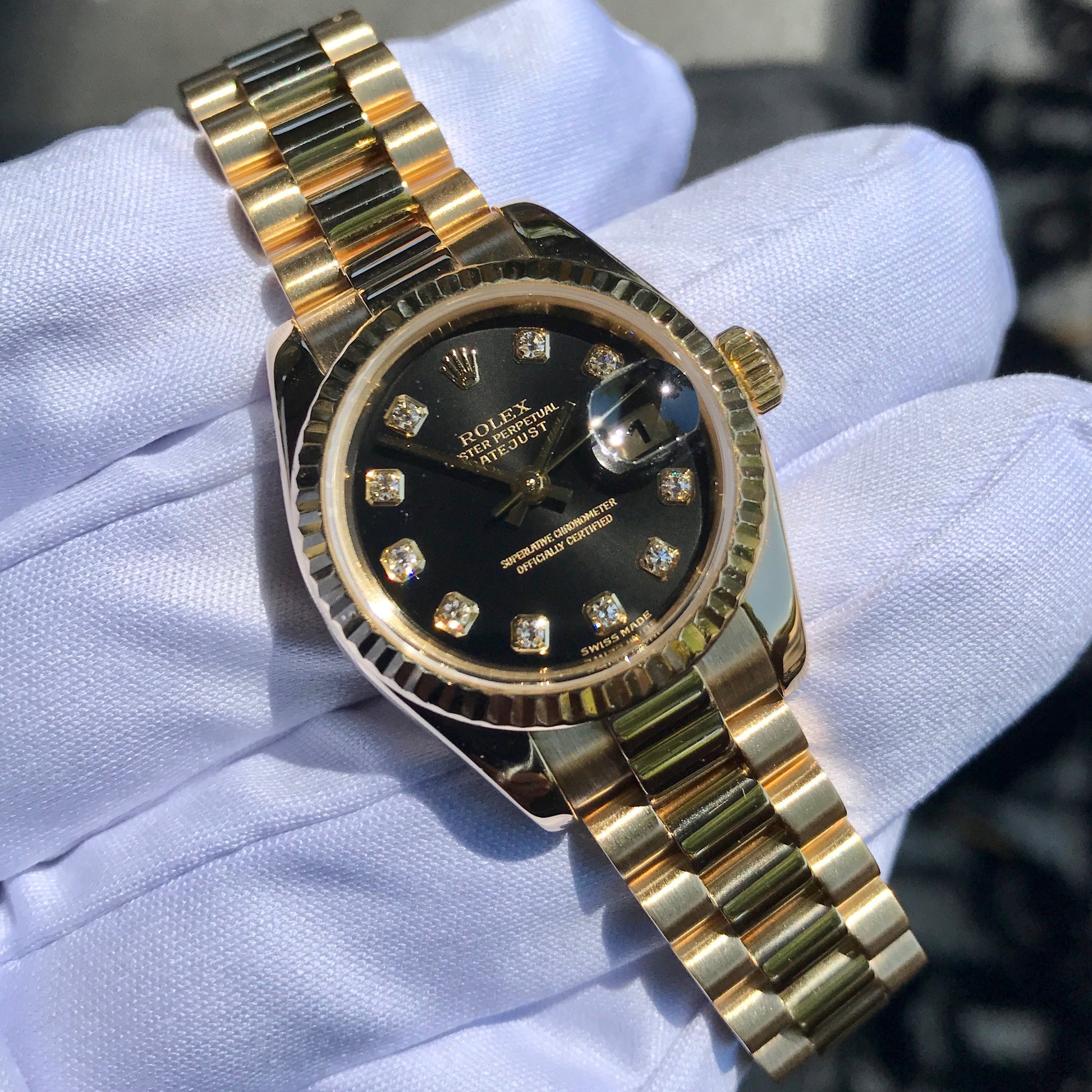 Rolex Datejust 179178 Ladies President Black Diamond Automatic 26mm Wristwatch Box & Papers - Hashtag Watch Company