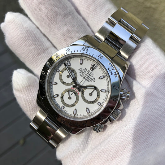 Rolex Daytona Cosmograph 116520 White Steel Automatic Chronograph 2008 Rehaut Box Papers - Hashtag Watch Company