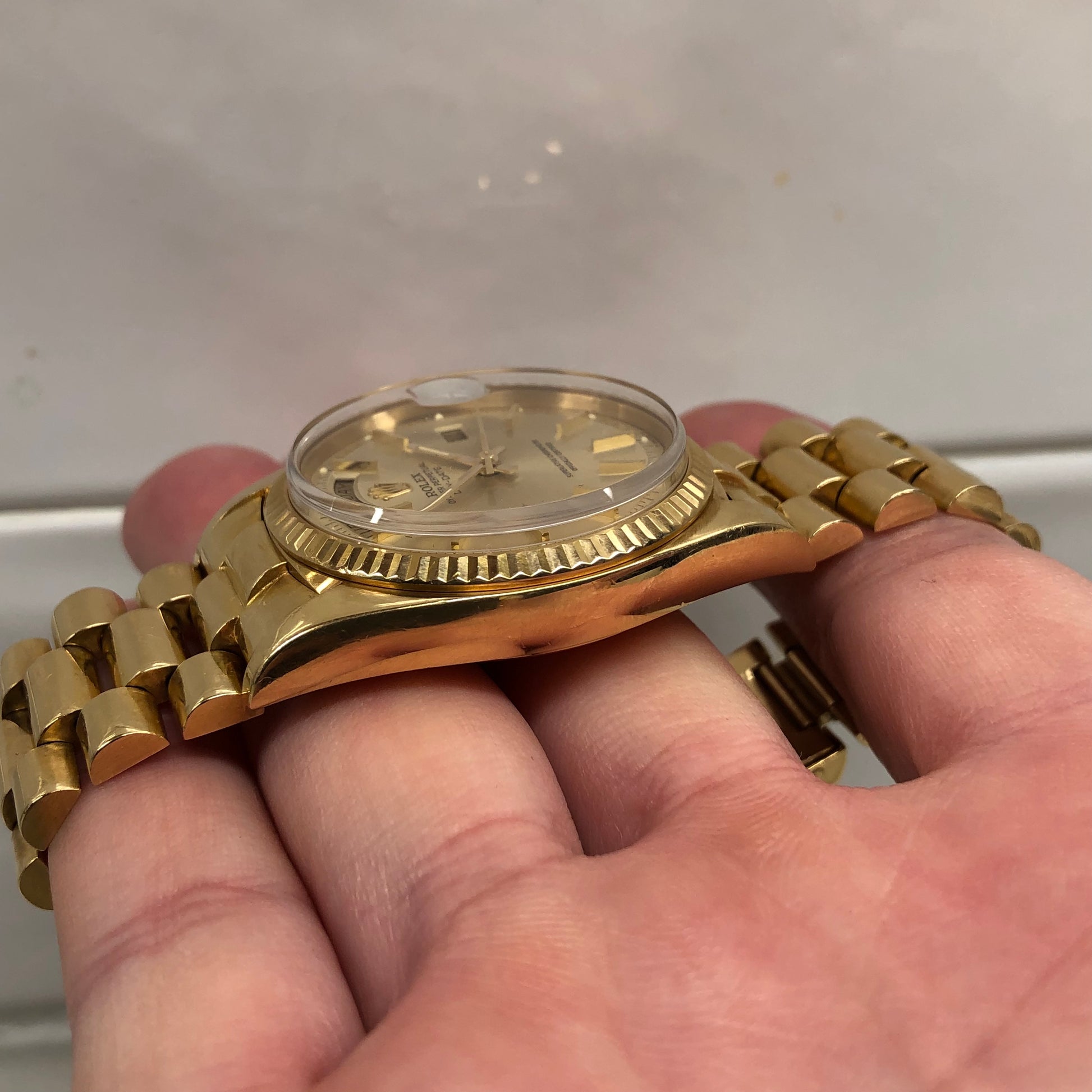 1972 Rolex President 1803 Day Date Yellow Gold Pie Pan Champagne Dial Wristwatch - Hashtag Watch Company