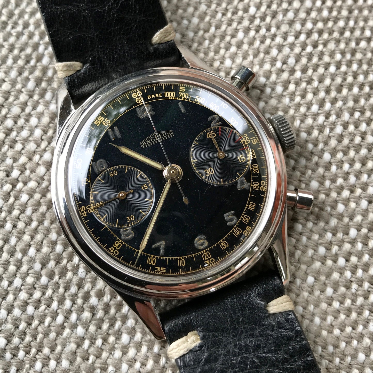 Vintage Angelus Stainless Steel Manual 38mm Cal. 215 Chronograph Black Wristwatch - Hashtag Watch Company