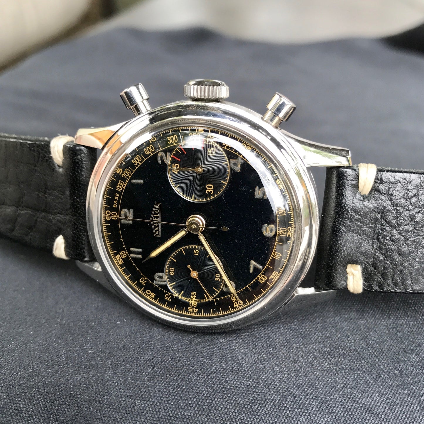 Vintage Angelus Stainless Steel Manual 38mm Cal. 215 Chronograph Black Wristwatch - Hashtag Watch Company