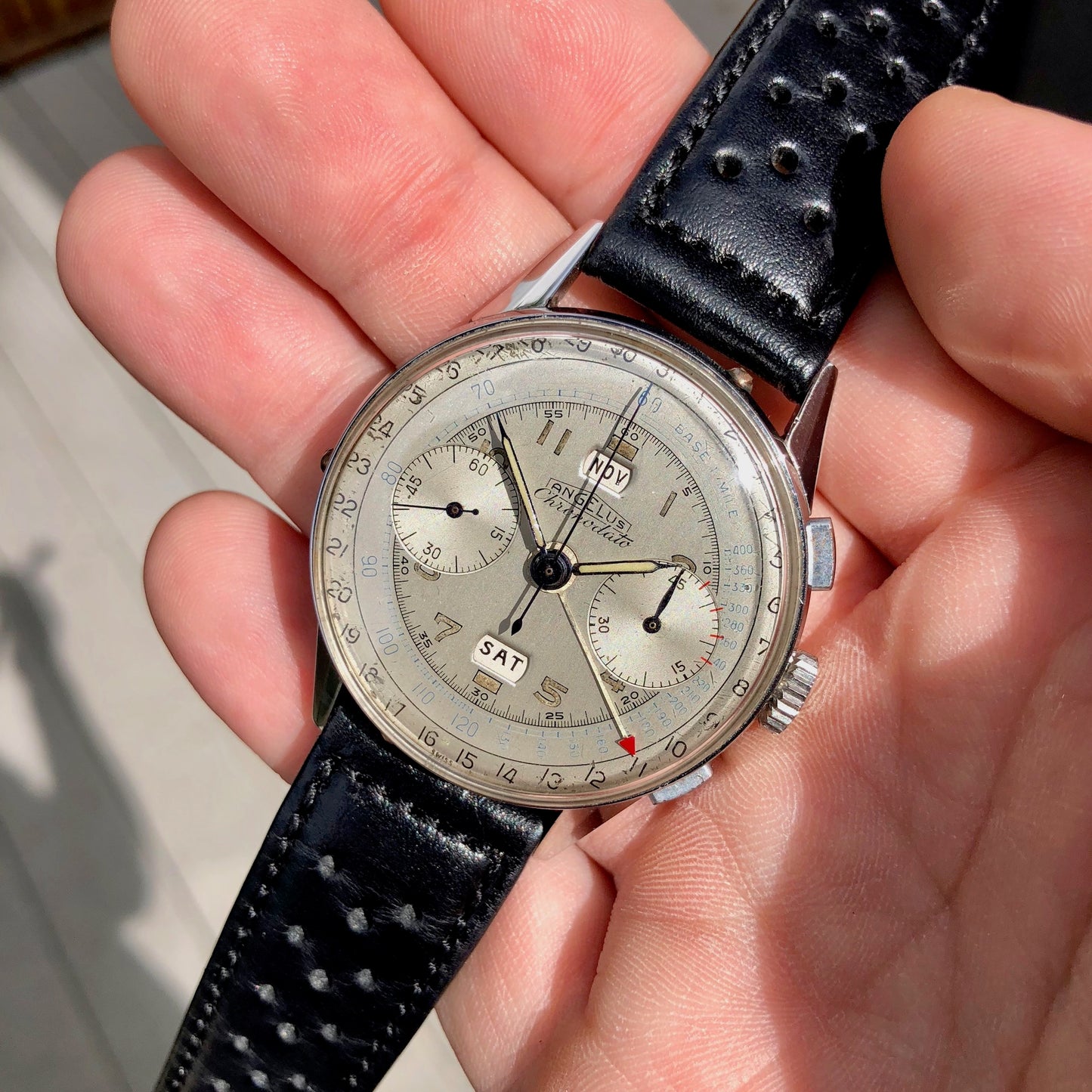 Vintage Angelus Chronodato Steel Chronograph Triple Date Calendar Manual Wristwatch Circa 1940's - Hashtag Watch Company