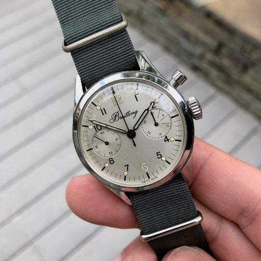 Vintage Breitling Single Button Canadian DND Steel Chronograph Valjoux 23 Wristwatch Circa 1960's - Hashtag Watch Company