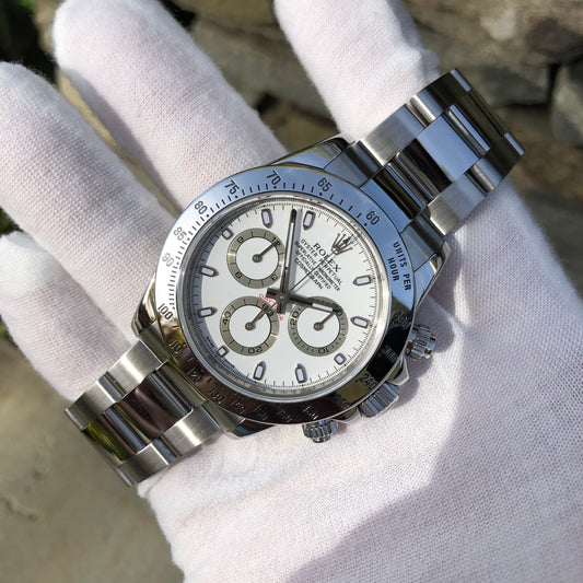 Rolex Daytona Cosmograph 116520 White Steel Automatic Chronograph 2008 Rehaut Box Papers - Hashtag Watch Company