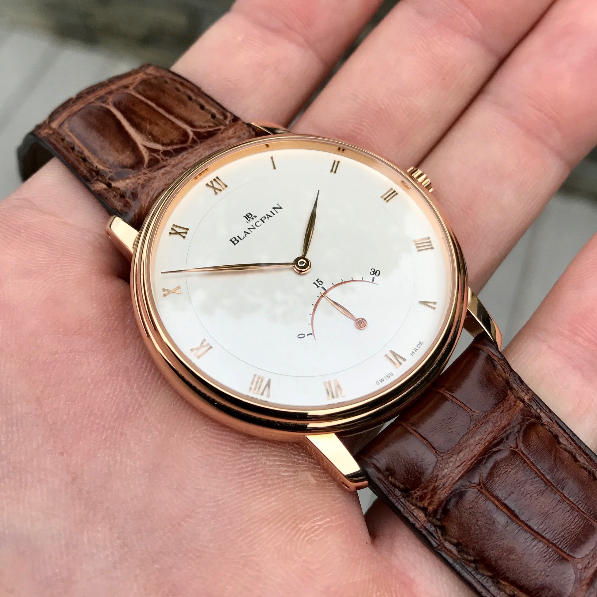 Blancpain Villeret Retrograde Seconds Ultra Slim 4063 18K Rose Gold Leather Automatic Silver Wristwatch - Hashtag Watch Company