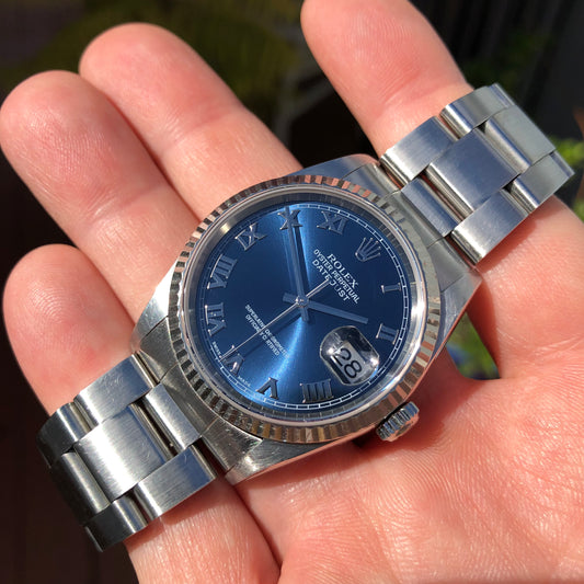 2002 Rolex Datejust 16234 Blue Roman Fluted White Gold Bezel Oyster Wristwatch Box Papers - Hashtag Watch Company