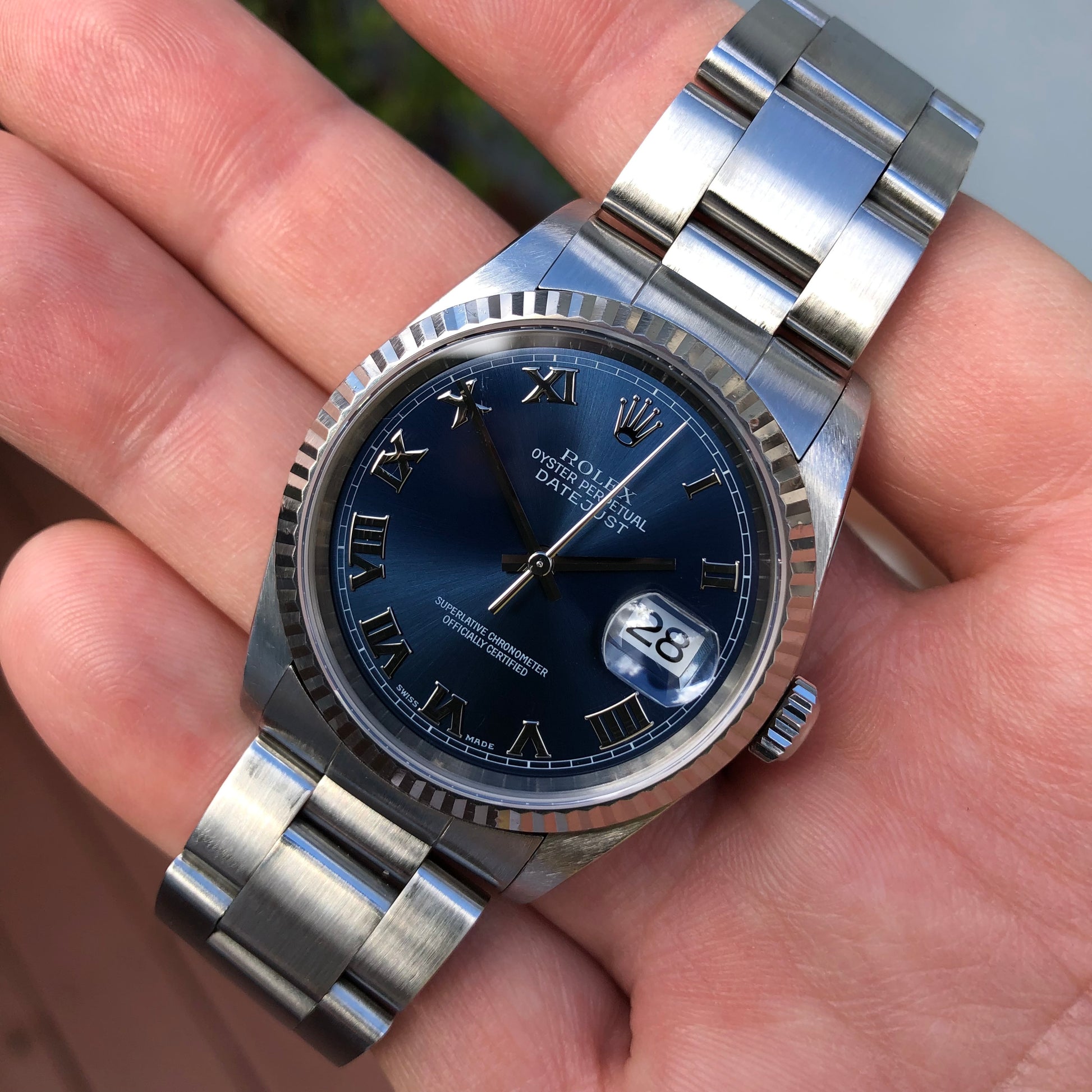 2002 Rolex Datejust 16234 Blue Roman Fluted White Gold Bezel Oyster Wristwatch Box Papers - Hashtag Watch Company